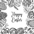 Easter eggs frame with plants and greeting. Hand drawn outline ink vector sketch illustration. Eggs painted with folk ornaments Royalty Free Stock Photo